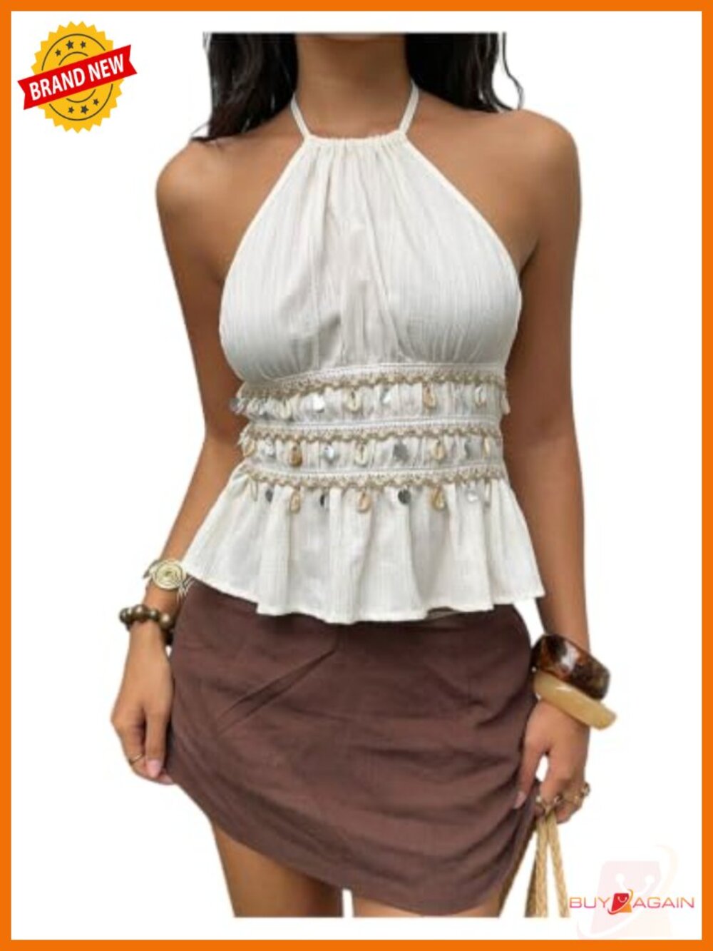 Women's Peplum Halter Tank Top Seashell Fringe Smocked Beach Top